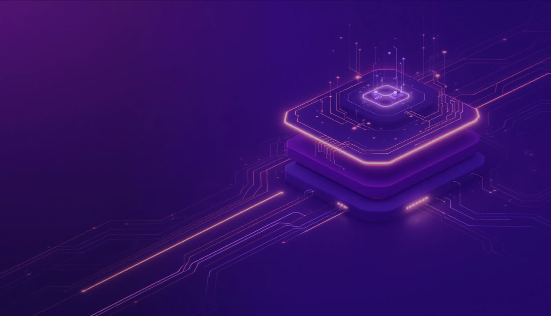 Isometric 3D illustration of a processor chip with glowing circuit pathways