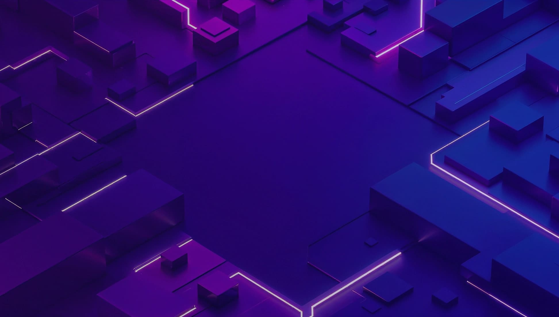 Isometric 3D illustration of interconnected purple and blue geometric blocks with glowing neon accent lines